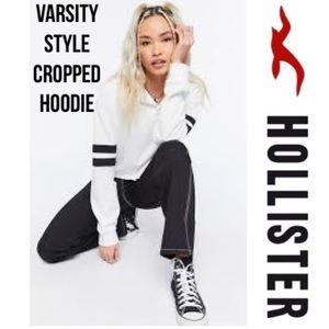 Cropped Hoodie Hollister White Black Varsity Striped Sleeves Hooded Sweatshirt